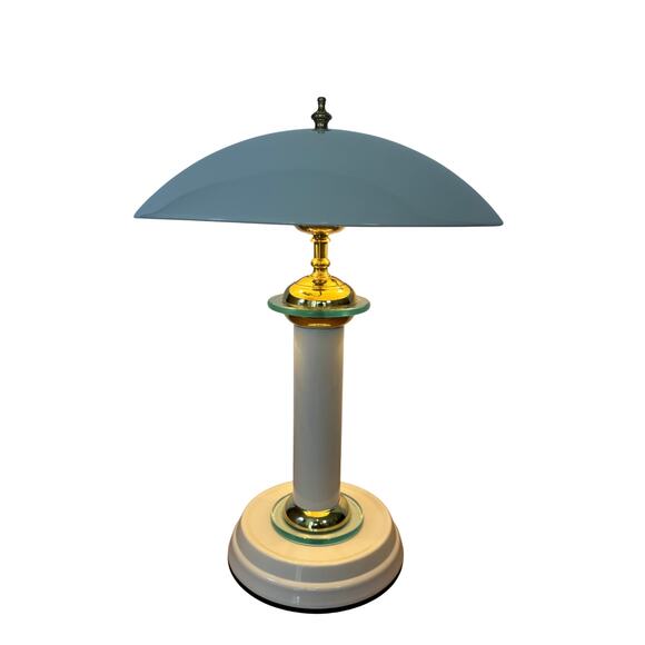 1980s Art Deco Revival Table Lamp White, Brass & Glass Accent - Picture 2 of 10